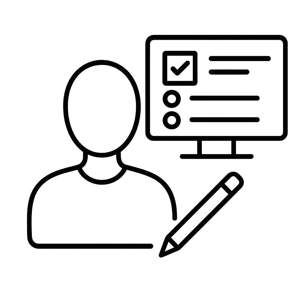 Minimal line‑art icon of a generic student with a pencil next to a computer screen displaying an online test.