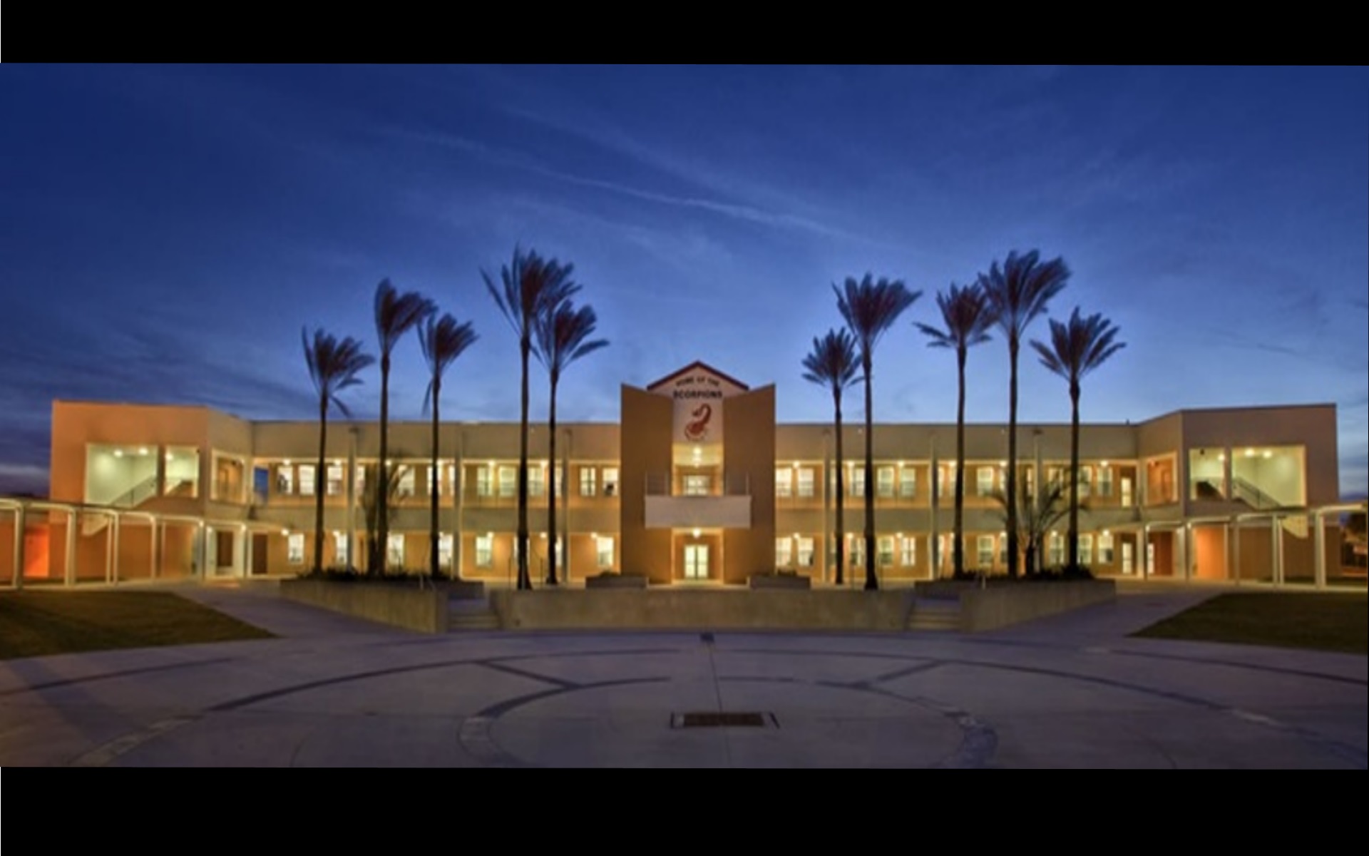 Night time picture of Satellite High School