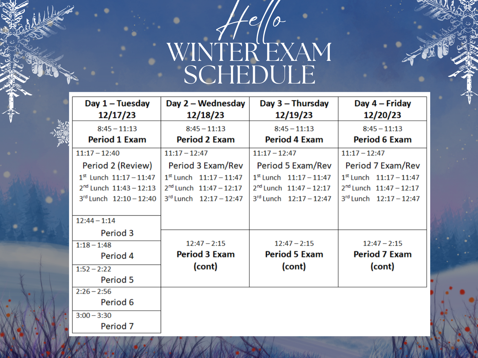 winter exam schedule