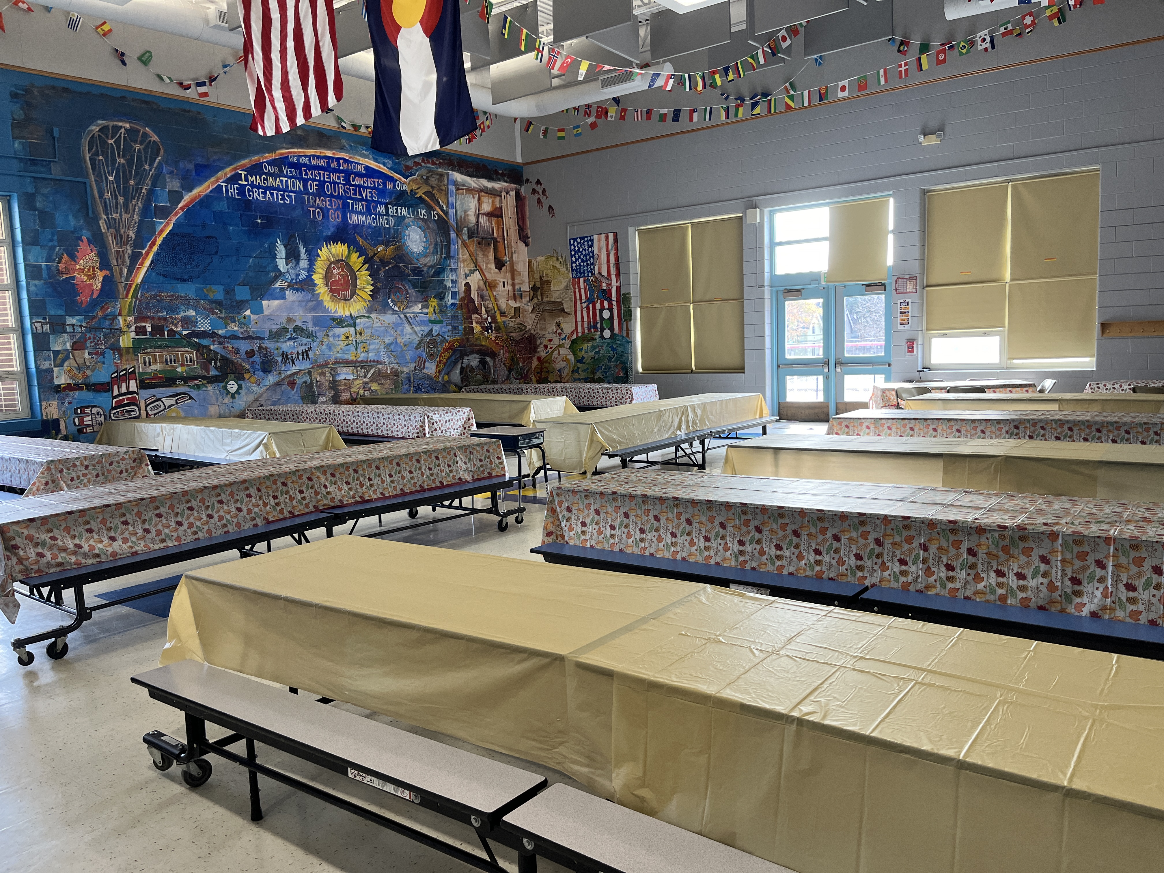 School cafeteria with gold table covers