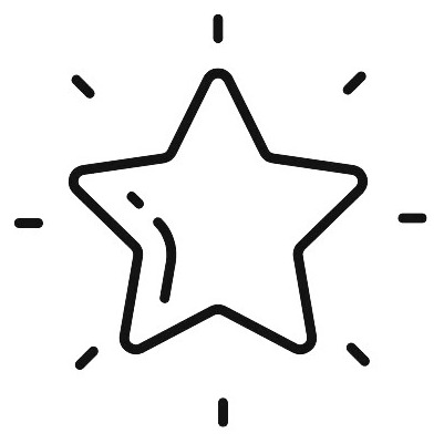 A minimalist black and white icon of a star with radiating lines. No background.