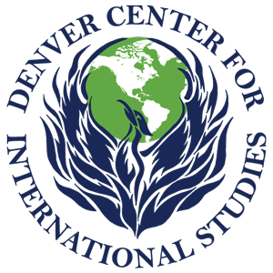 Logo features a globe centered on blue hands, with green and blue accents, surrounded by text "Denver International Center for Studies".