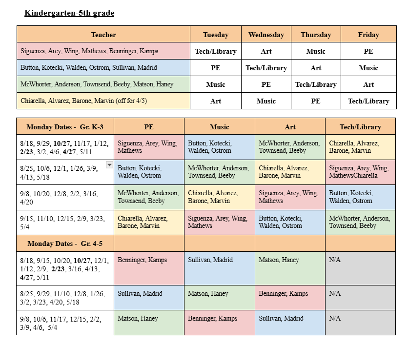 K-1 Specials Schedule