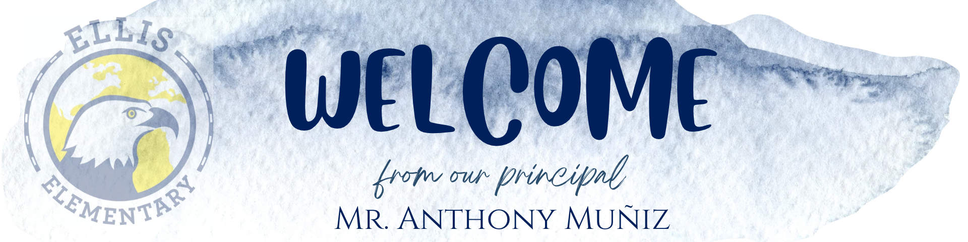 Blue and white school logo with an eagle, globe, and "Welcome from our principal" text below.