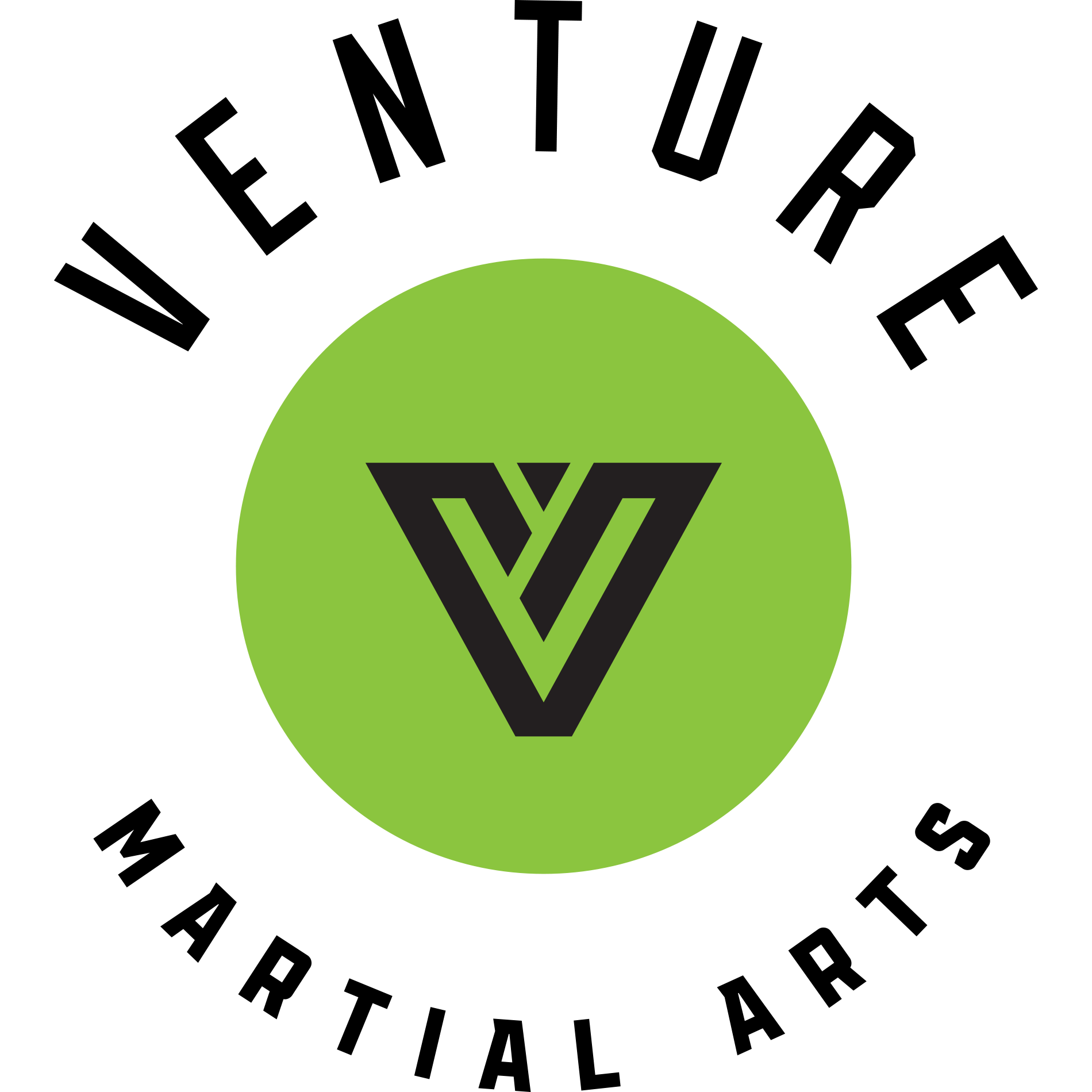 A circular green icon with a black "V" symbol in the center against a black background.