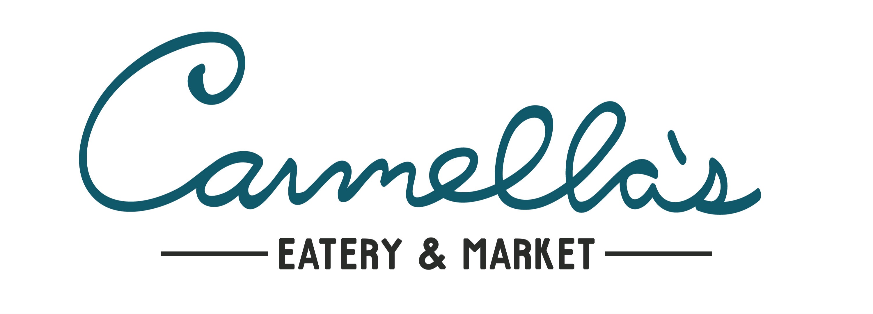 "Camella's Eatery & Market" logo in blue and white font. Blue and white font reads "Eatery & Market."
