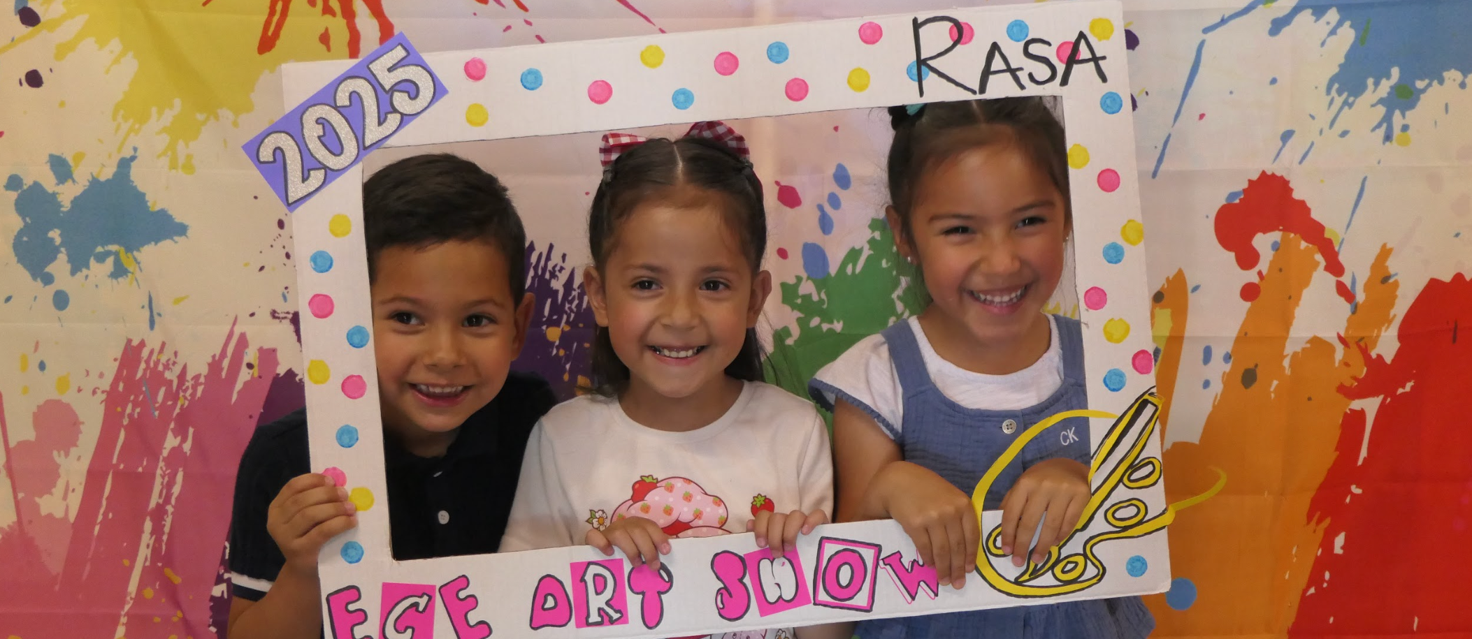 three students smiling inside of a frame saying ECE Art Show 2025