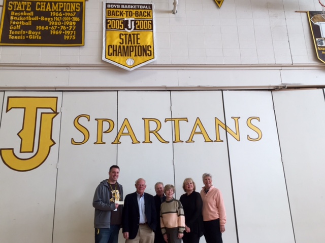 Pictured above from left to right: Coach Grant Laman, Ted Gill, Paul Cohen, Susan Gill (Aspinwall), Lisa Woods (King) and Leslie Moore. They presented us with a donation from the Class of 1965 for this project.