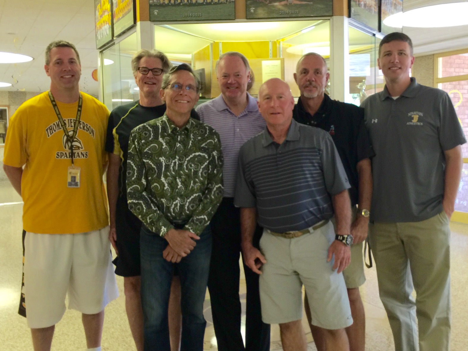 Pictured from left to right: Coach Grant Laman, Kevin Shanahan, Roy Wilson, Dudley “Bo” Mitchell, Bill Stearns, Steve Krieger, and AD Andrew Skari. These members of the TJ Hall of Fame Class of 2015 have generously supported this project. *not pictured but also inducted this year include: Bob Masten, Bob Nowlin, Gaston Santi and Matt Sterling.