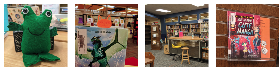 collage of a frog, library, and books