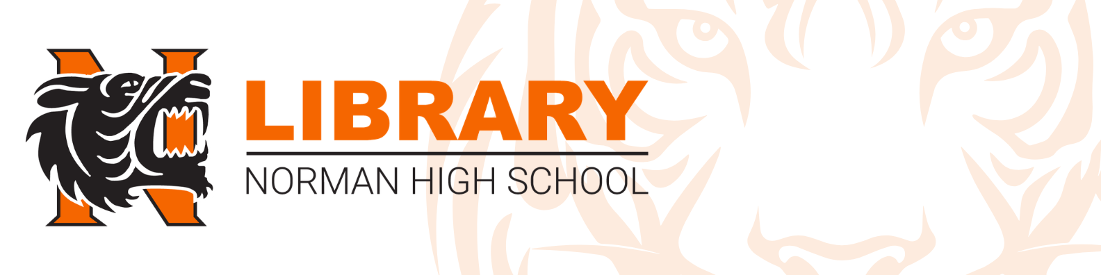 Norman High School library logo featuring a tiger head silhouette in black and orange with "Library" in bold text.