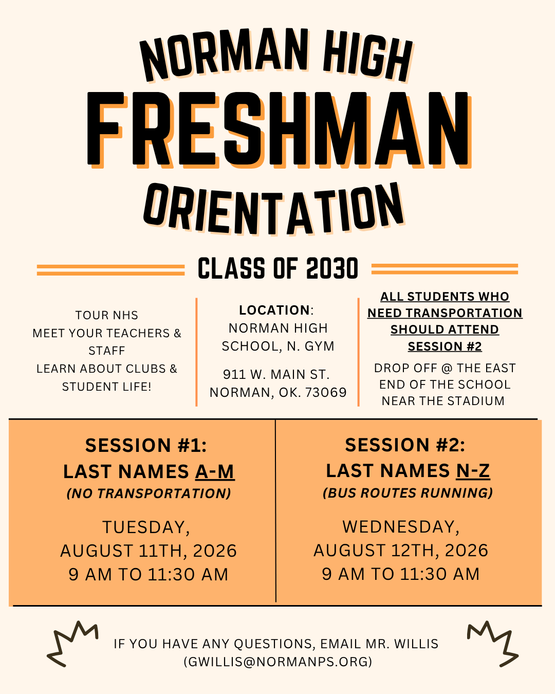 An announcement for Norman High Freshman Orientation for Class of 2030. Details include date, time, location, and bus information.