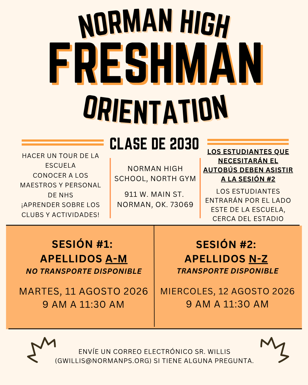 An orientation flyer for Norman High School's freshman class of 2030. Sessions for A-M and N-Z groups on specific dates.