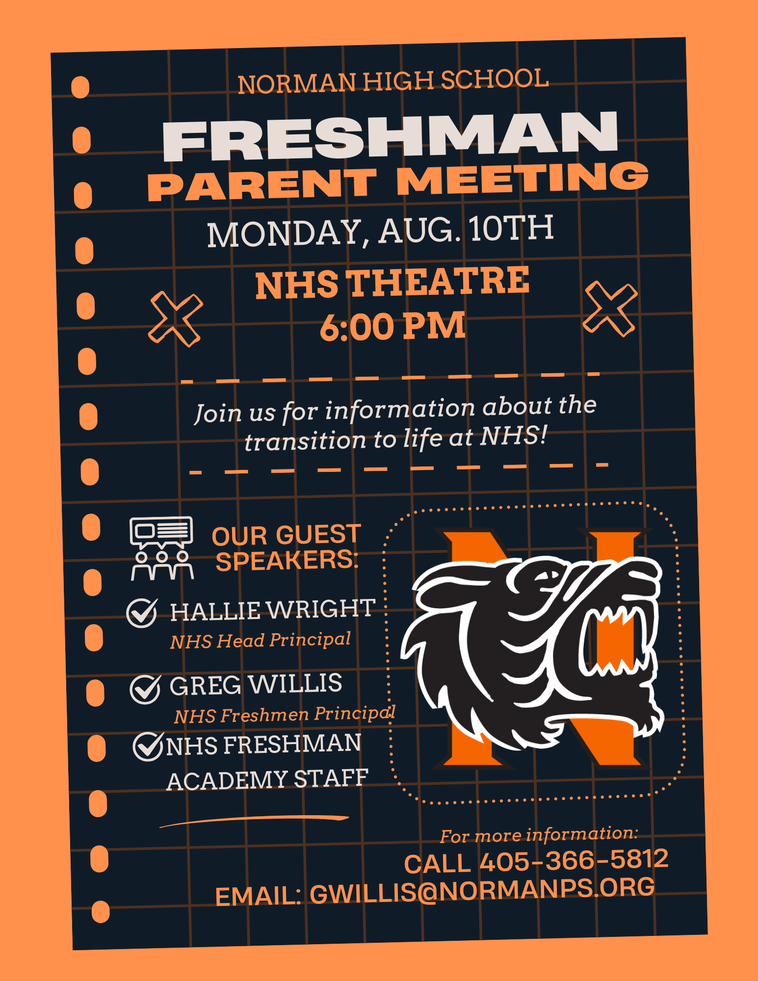 An event flyer for Norman High School Freshman Parent Meeting on August 10th at 6 PM in NHS Theatre.