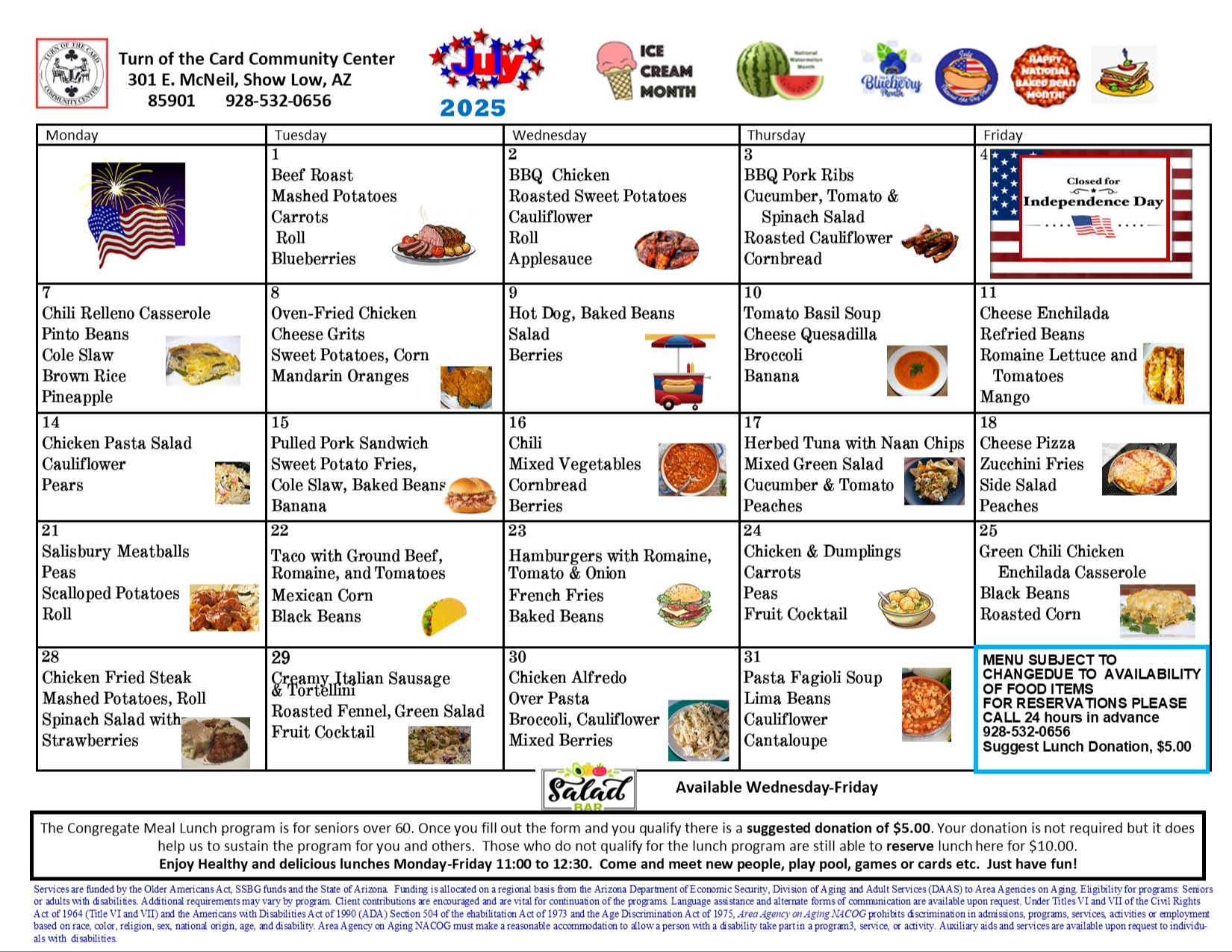 Senior Center Menu