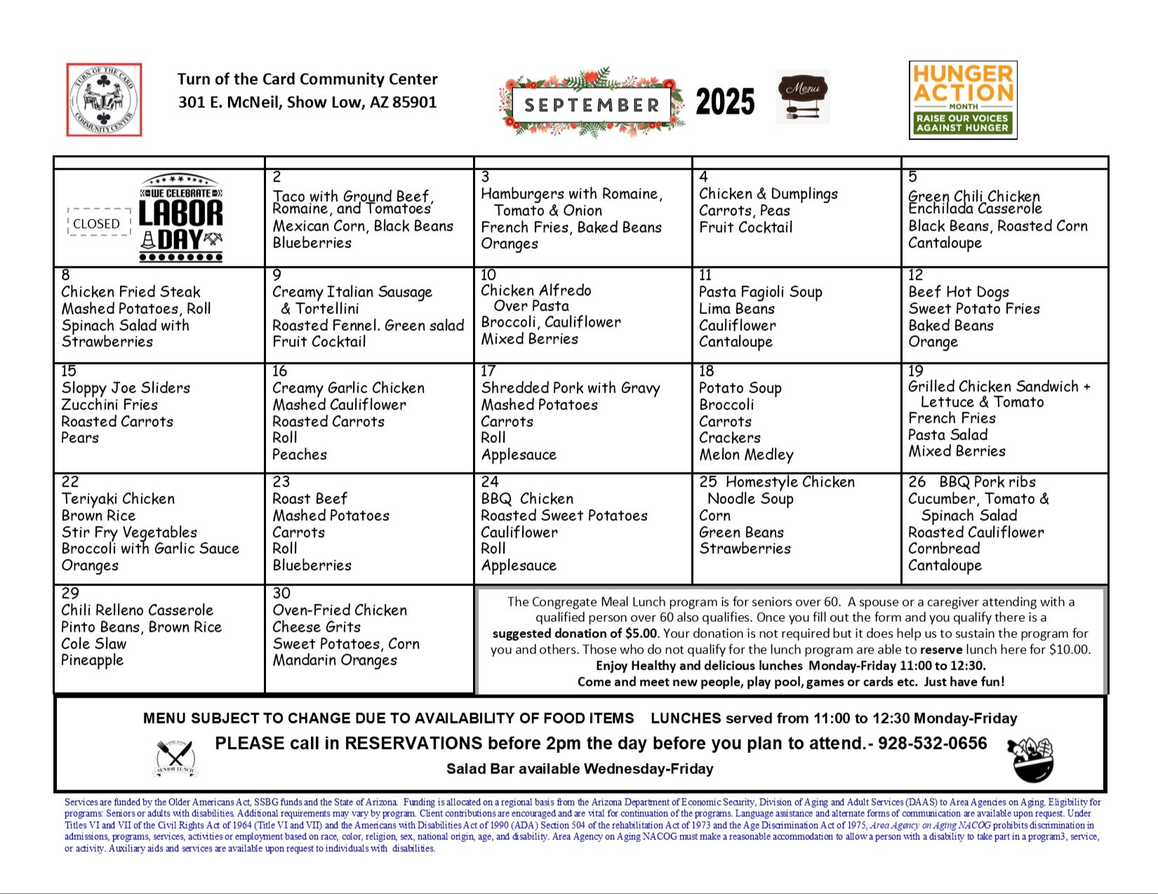 Senior Center Menu