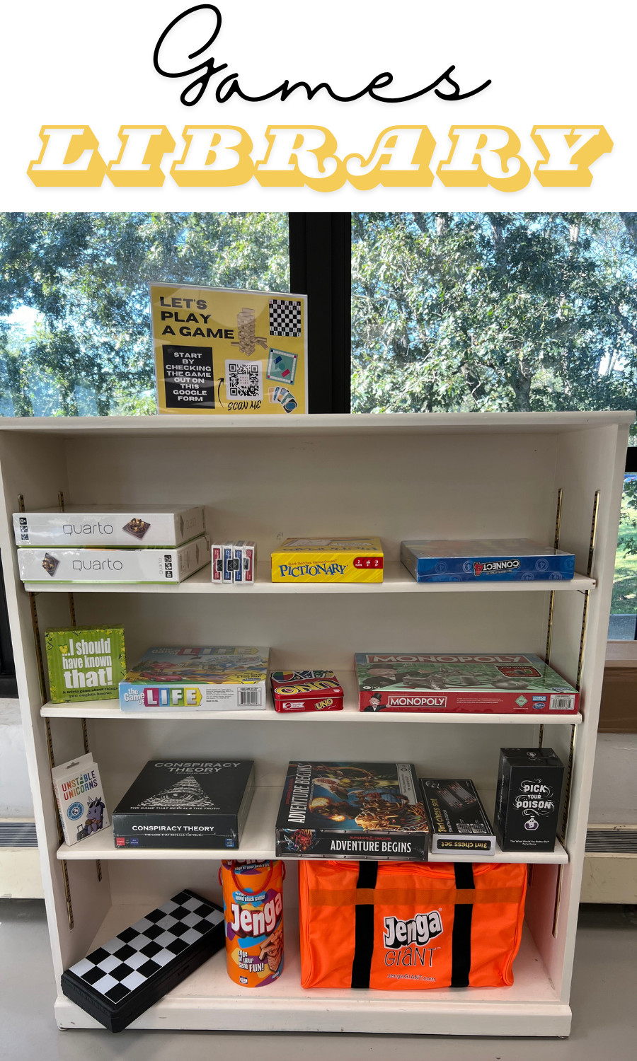 Photograph of a bookshelf with board games