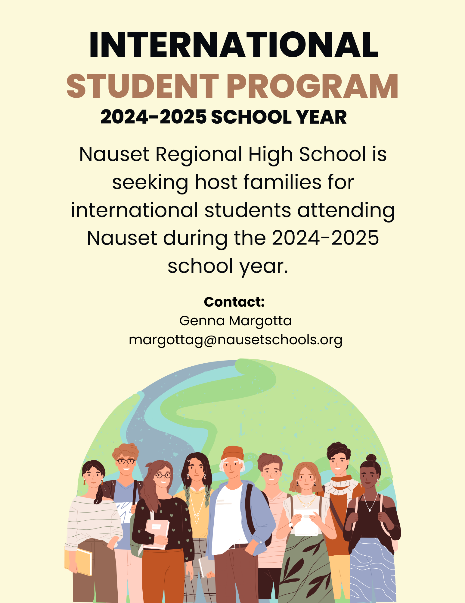 Flier for NRHS International Student Program - picture of the world and students