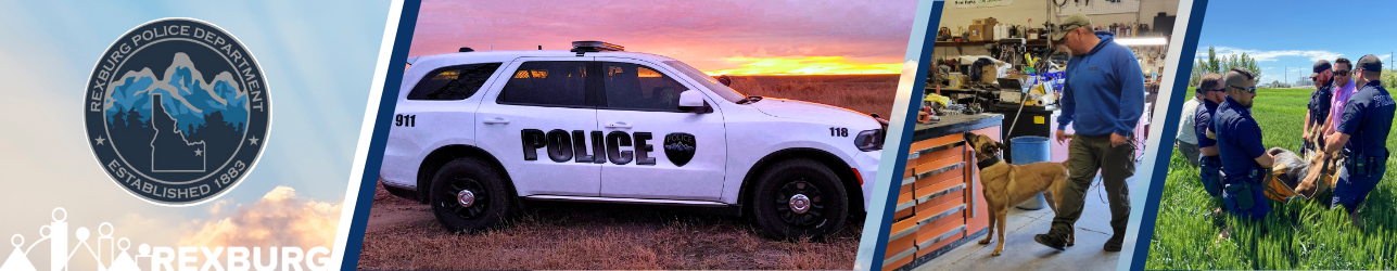 Police of rexburg logo , police truk in the sunset, police with police dog