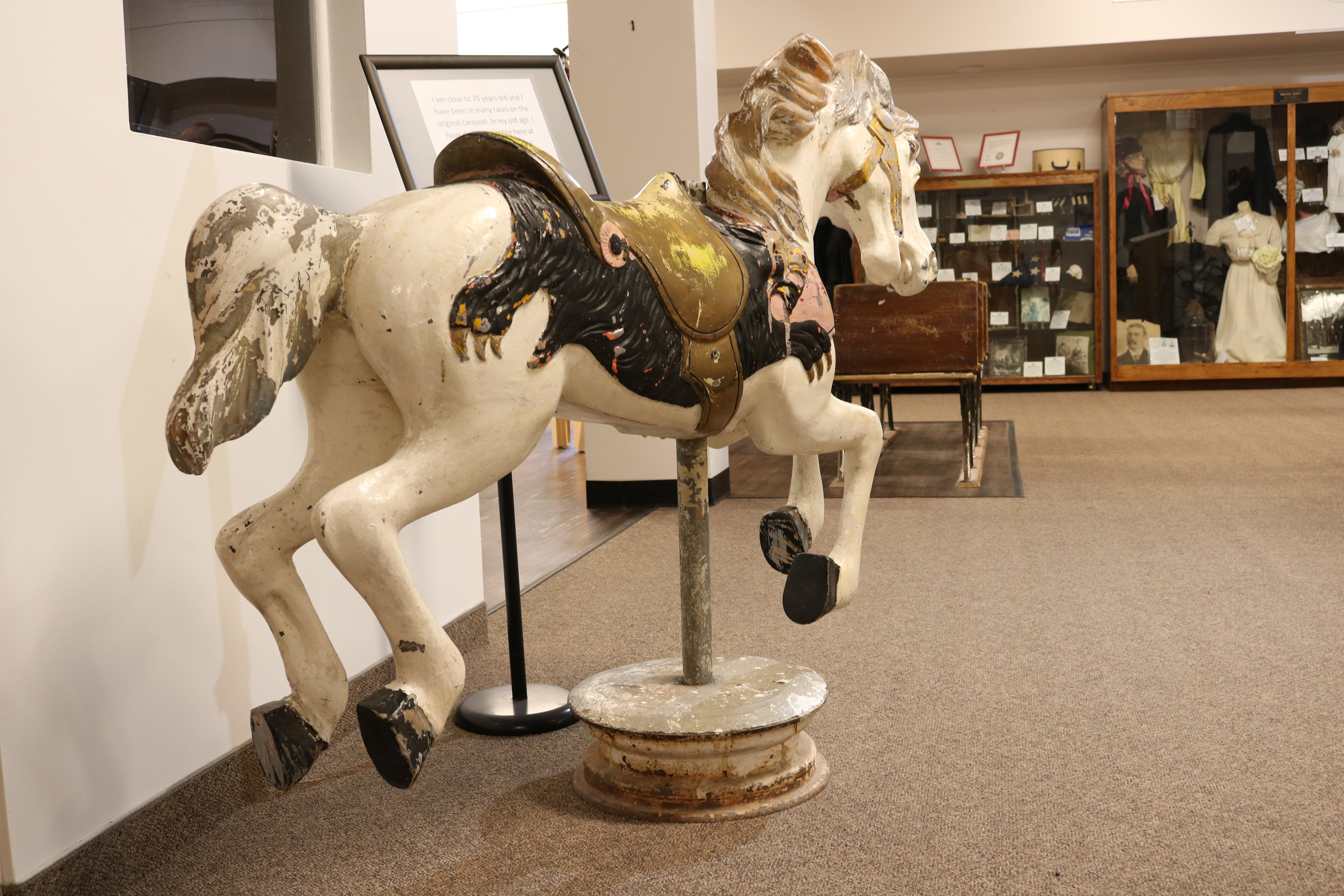 old carousel horse with encased museum displays  of period attire and memorabilia in the background