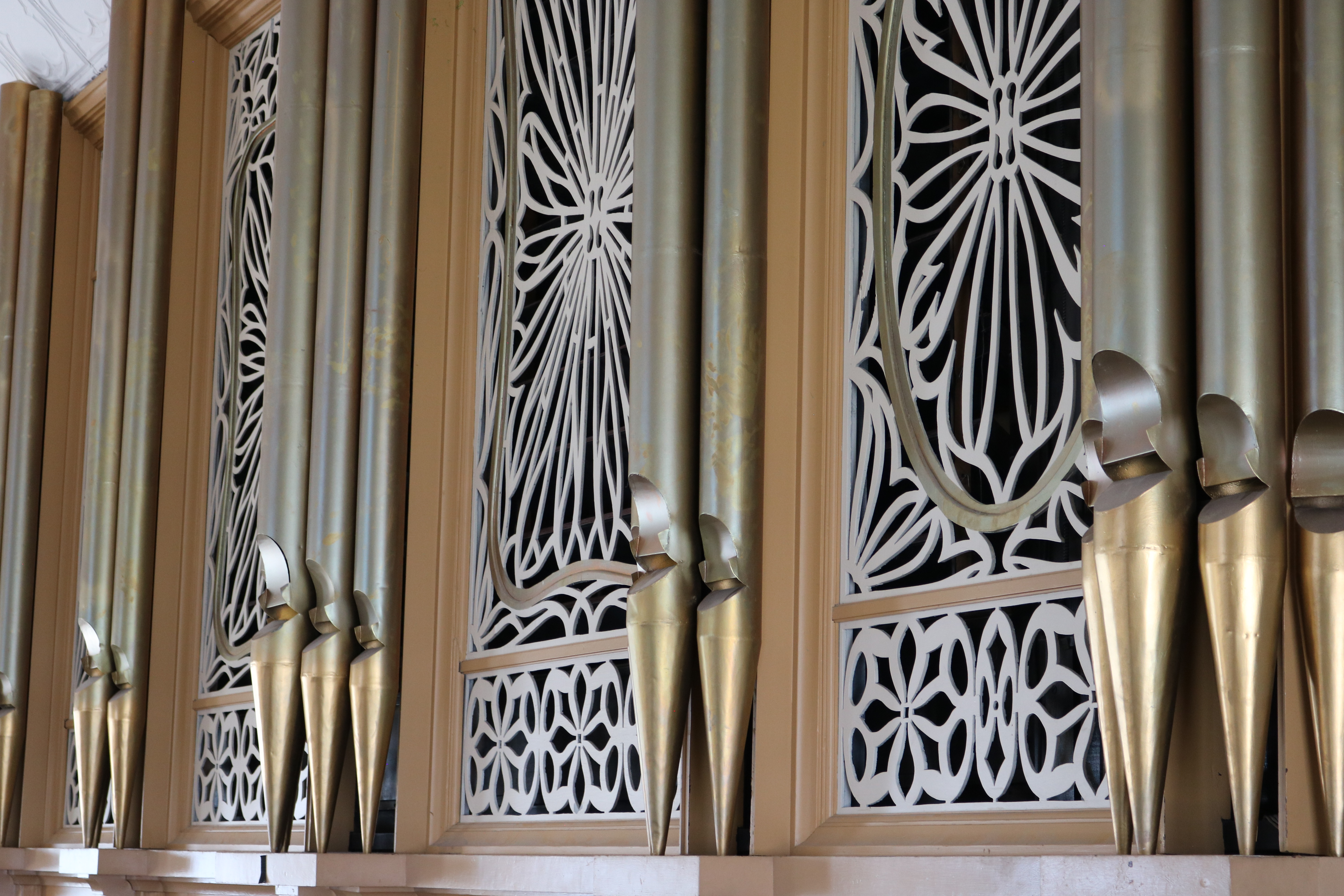 closeup of the wood and metal work design of the organ in the Tabernacle