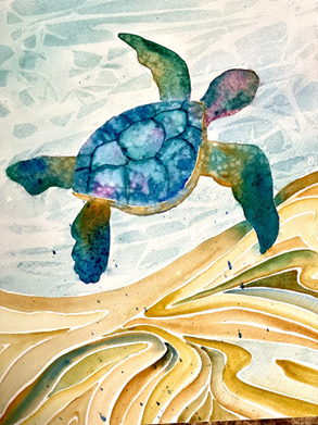 painted turtle in water with sand