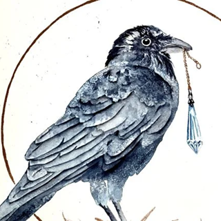 painting of a raven holding  a crystal pendant on a chain in it's mouth