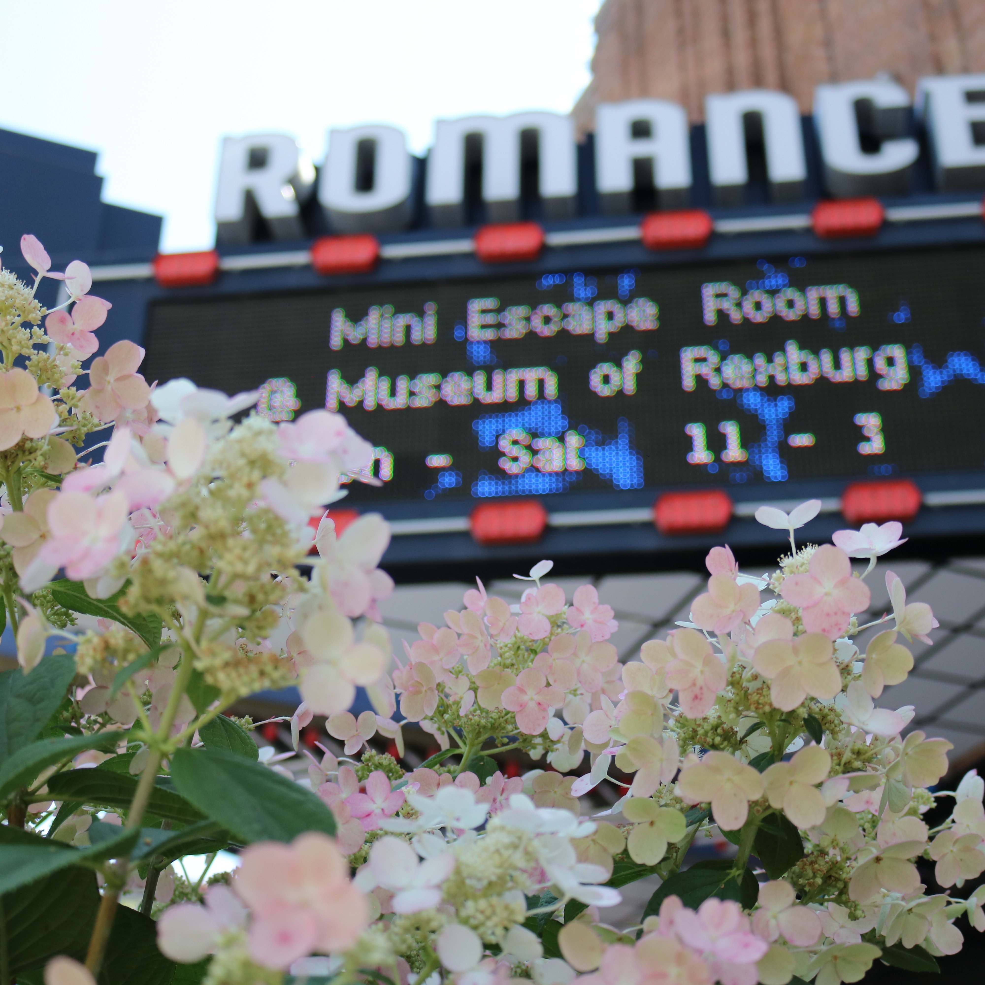 exterior marquee of the Romance Theater as seen from a low angle with flowers in the forground and text