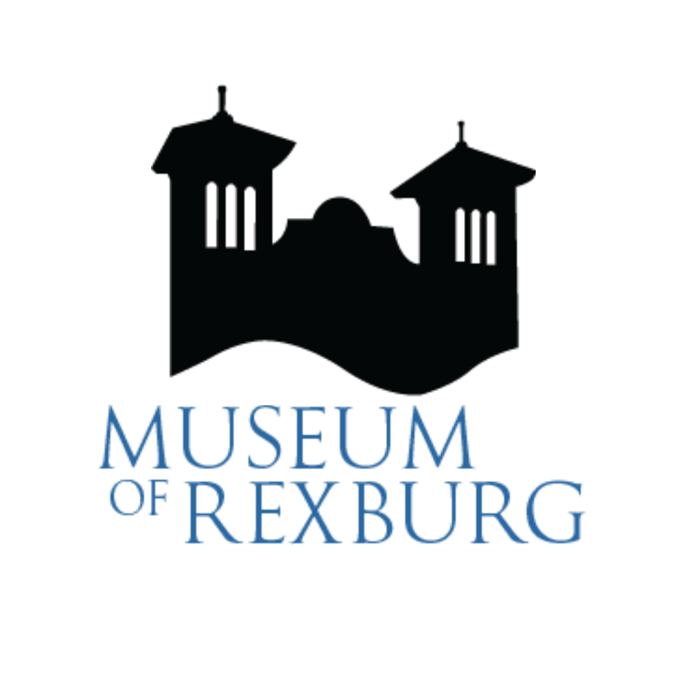 Logo for the Museum of Rexburg, featuring a black silhouette of a building with two towers and text in blue.