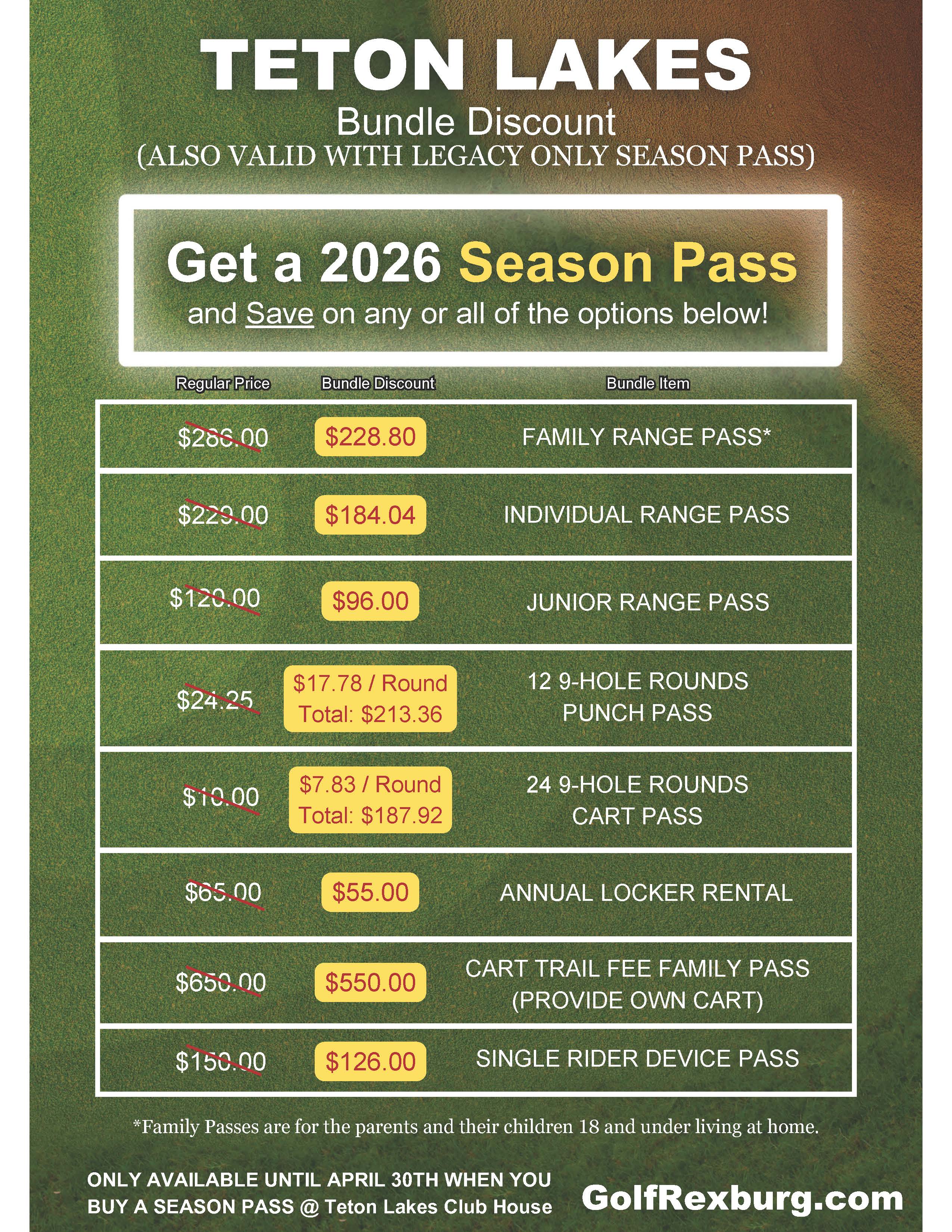 Teton Lakes Bundle Discount - See linked .pdf