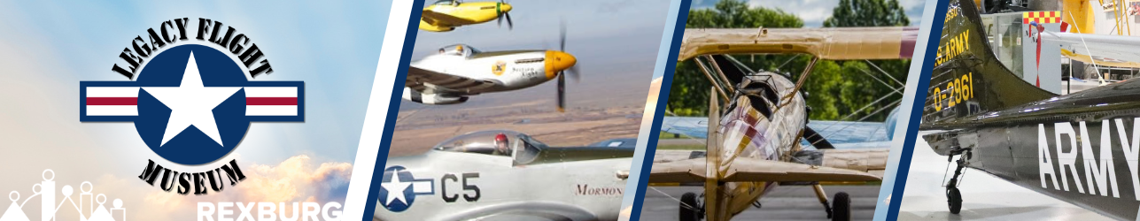 banner image of LFM | 3 photos - 3 planes in flight above rexburg, a plane on the runway, a plane in the hangar of the museum