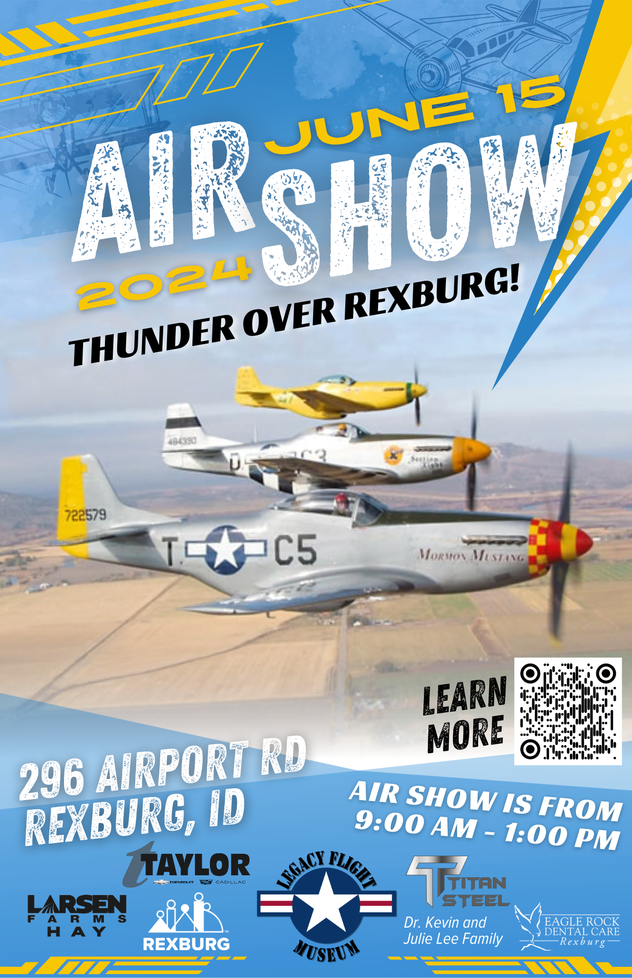 LFM 2024 Air Show Poster - 3 planes flying in the sky above Rexburg fields with text "June 15 9am - 1pm" sponsor logos and visual elements