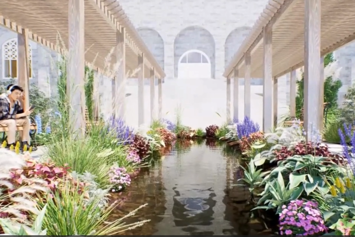 Design image of the South Garden with a water feature in the center with pergolas, benches, and florals surrounding. 