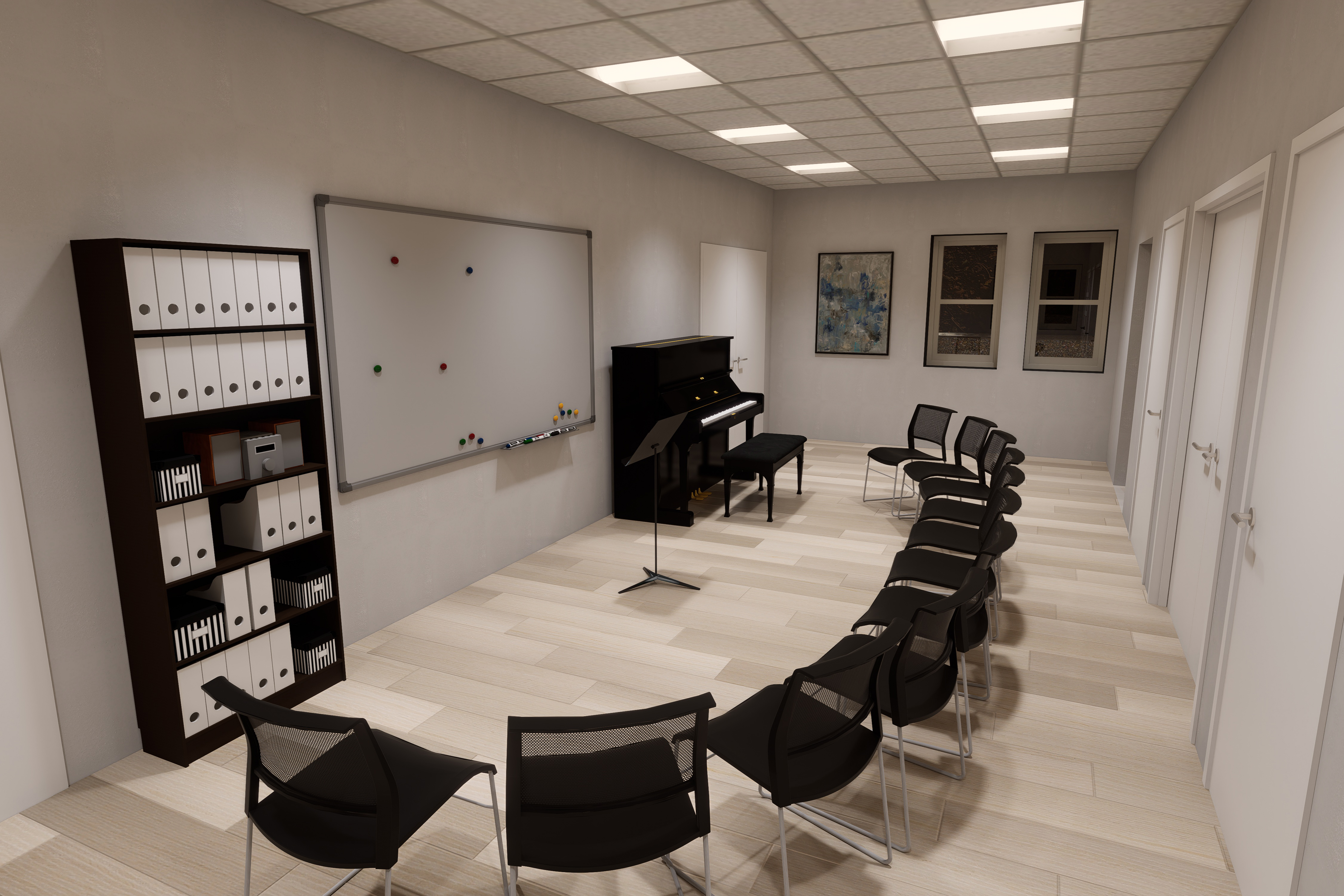 Design image of the music room; white board, chairs and bookshelves with a piano and storage closet doors.