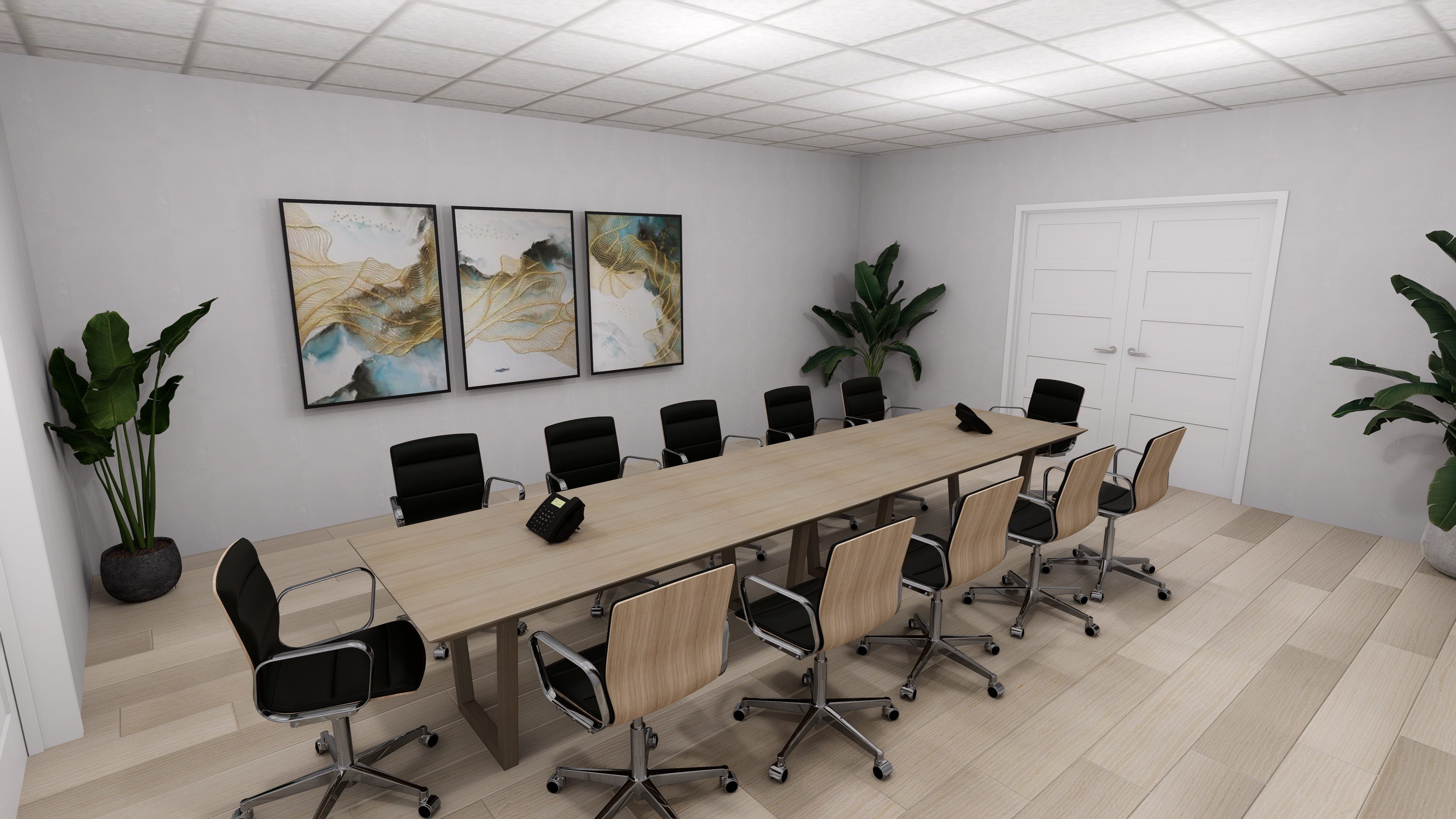 TLC Community/Meeting Room with image of conference table and chairs with double doors and plants + artwork