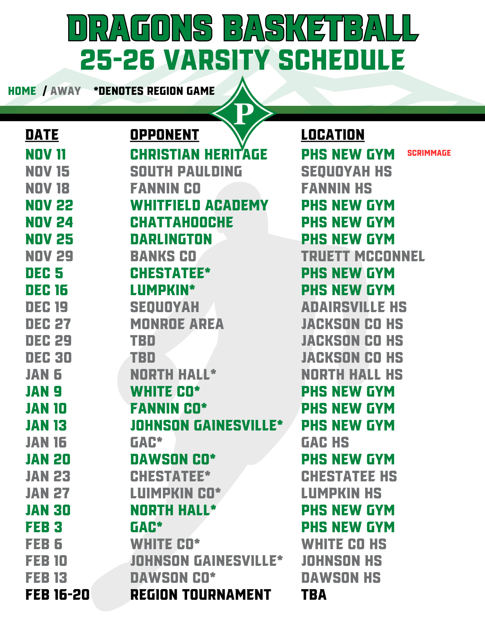 Dragon Basketball Schedule
