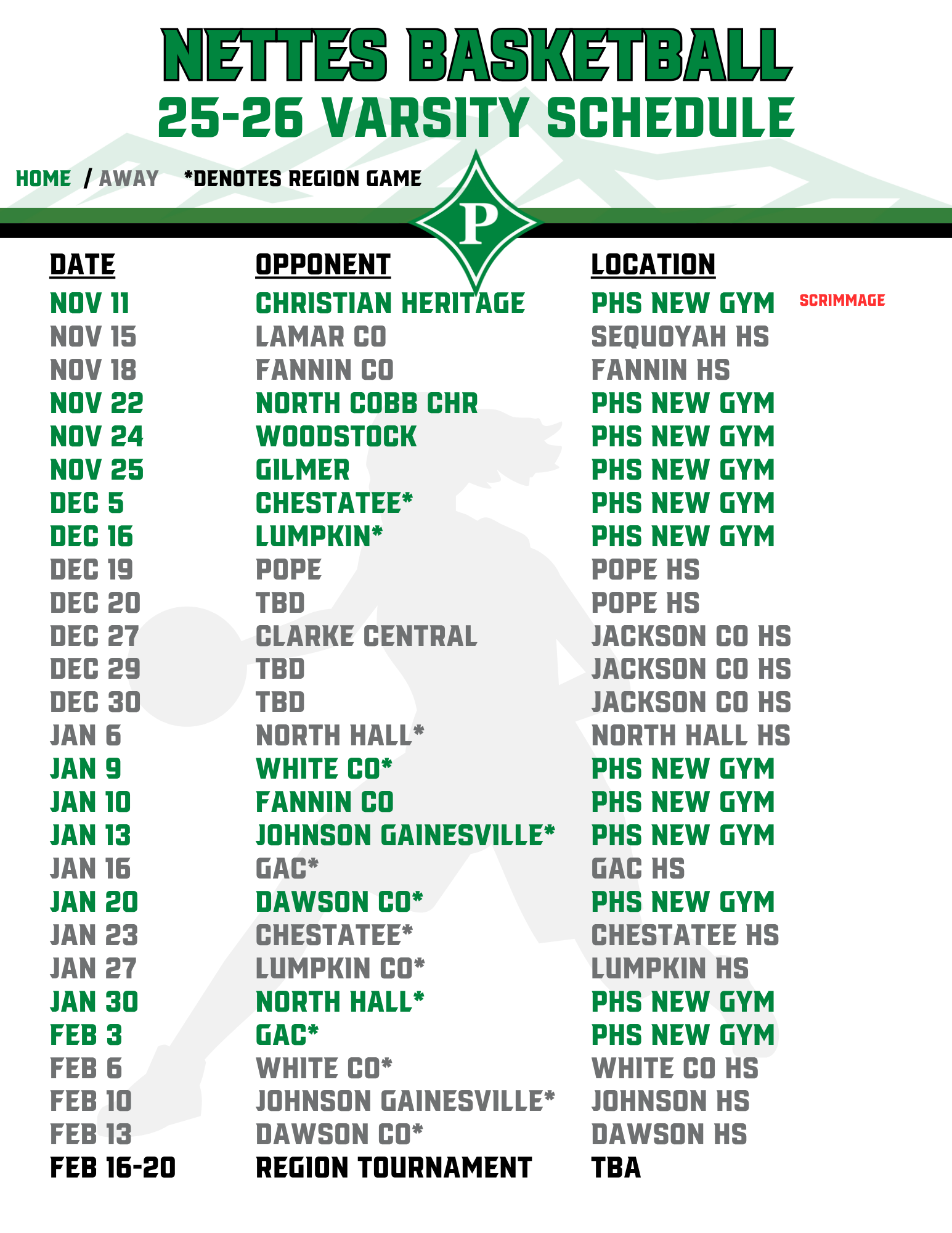 Nettes Basketball Scehdule