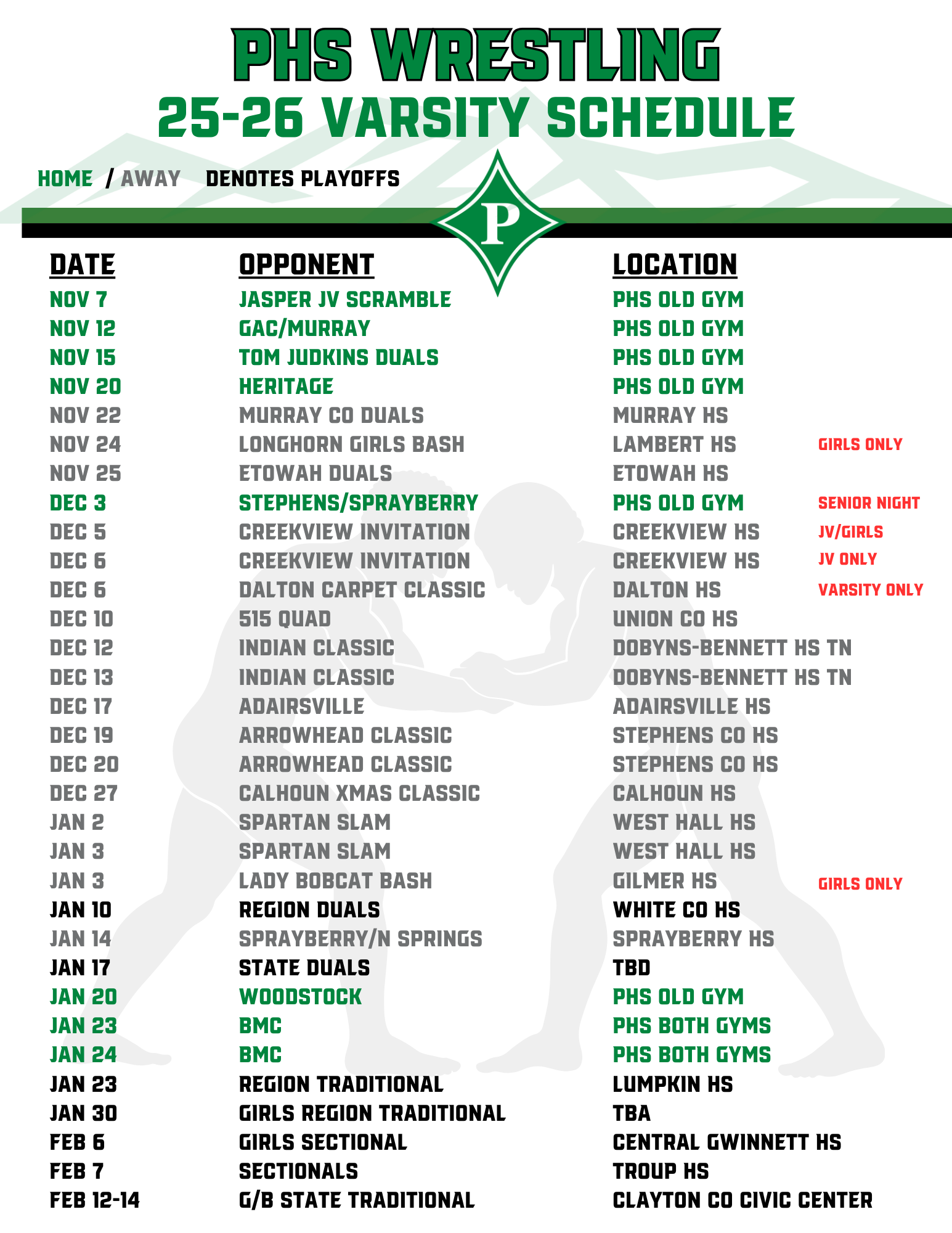 PHS Wrestling Schedule