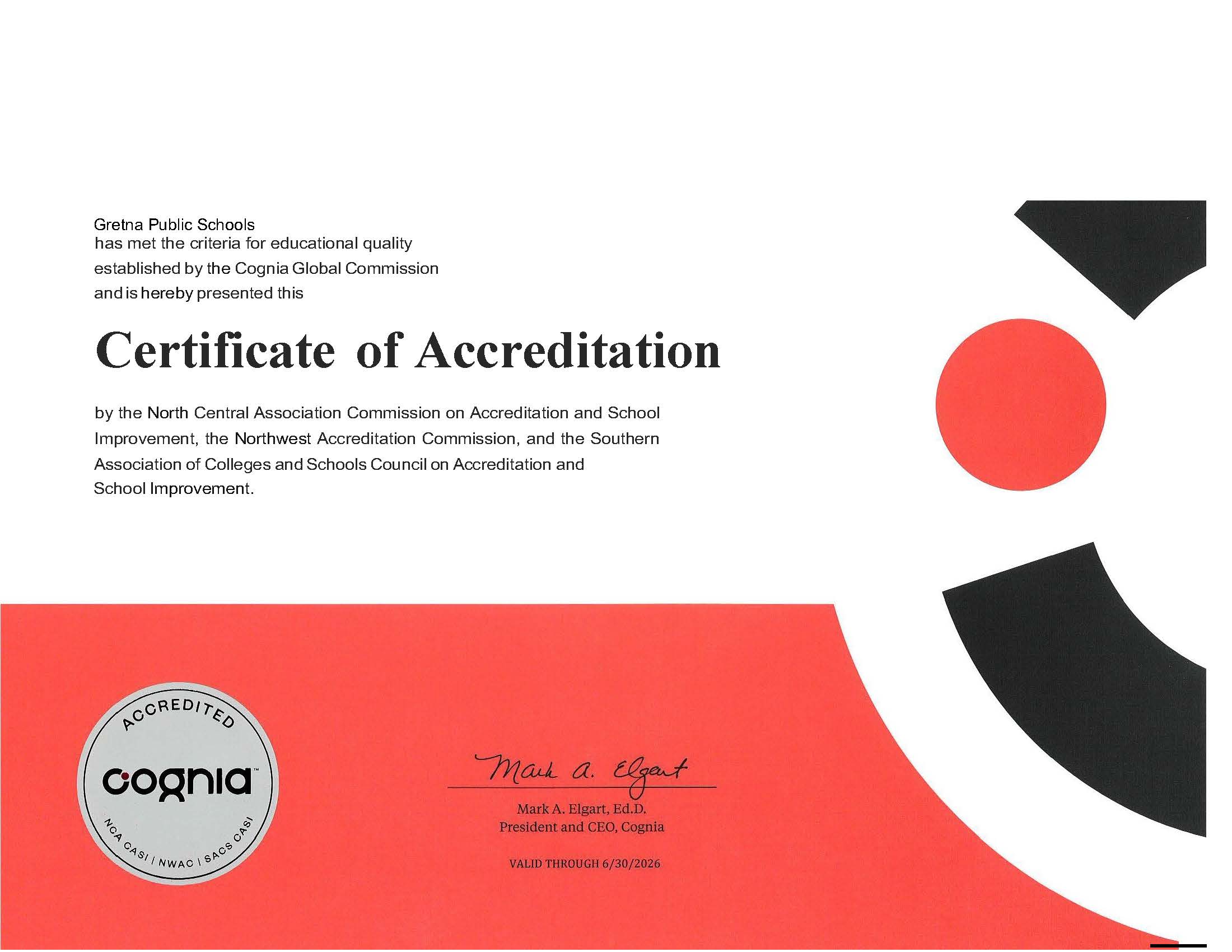 Gretna Public School District Accreditation Certificate