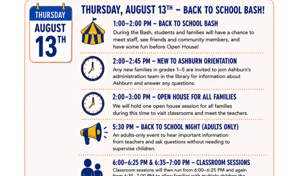 A poster shows a schedule for events on August 13th. Events include Back to School Bash, Orientation, Open House, and Classroom sessions.
