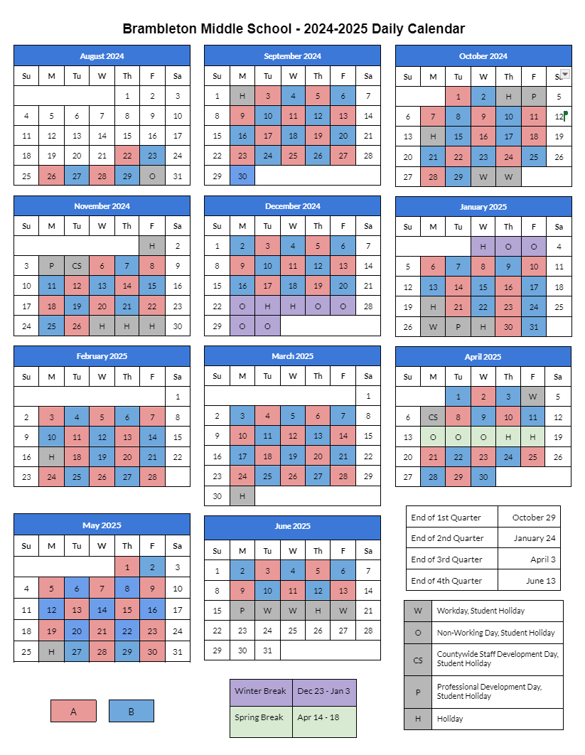 A/B and Student Holiday Calendar 24-25 | Brambleton Middle School