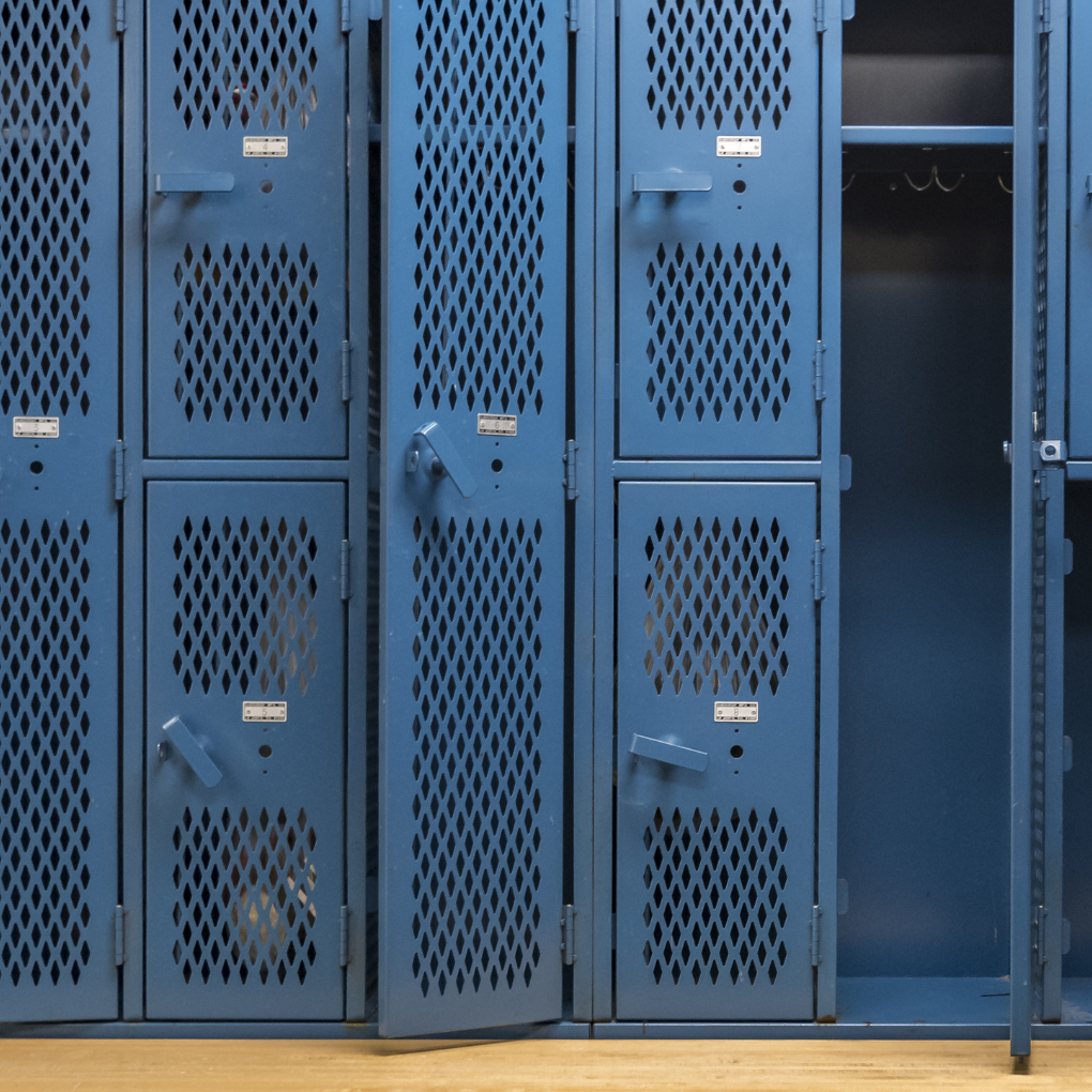 blue lockers in a locker room