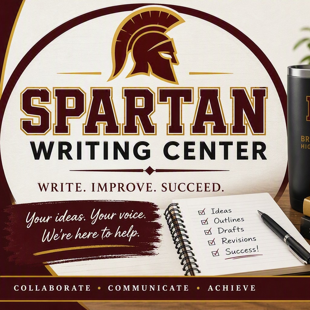 Spartan Writing Center logo with text, a pen, a notebook, a mug, and books on a table.