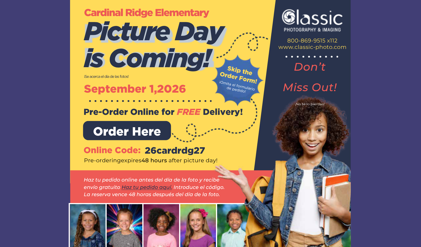 A flyer advertises "Picture Day is Coming!" at Cardinal Ridge Elementary for September 1, 2026. It includes a girl holding a book and a phone number.