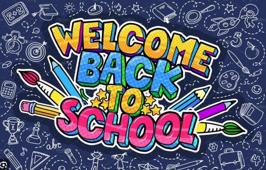 "Welcome Back to School" written in bright colors. Surrounding it are colorful pencils, paintbrushes, and school items on a blue background.