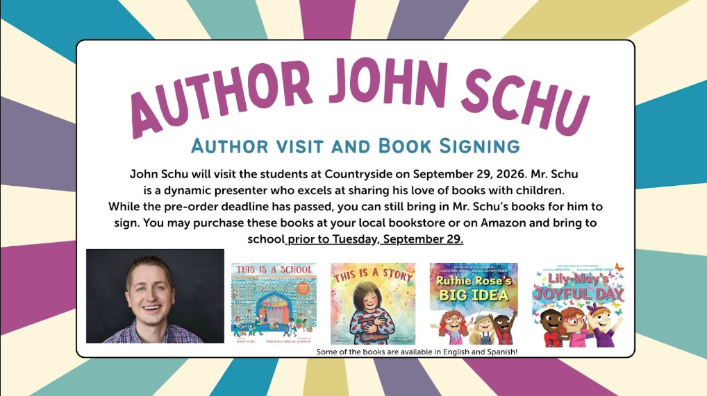 Poster with vibrant background. An image of author John Schu appears at the bottom. Titles of his books are displayed with colorful illustrations.