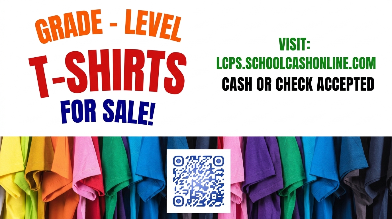 Brightly colored shirts in various colors. Text reads: Grade Level T-Shirts for Sale! QR code.