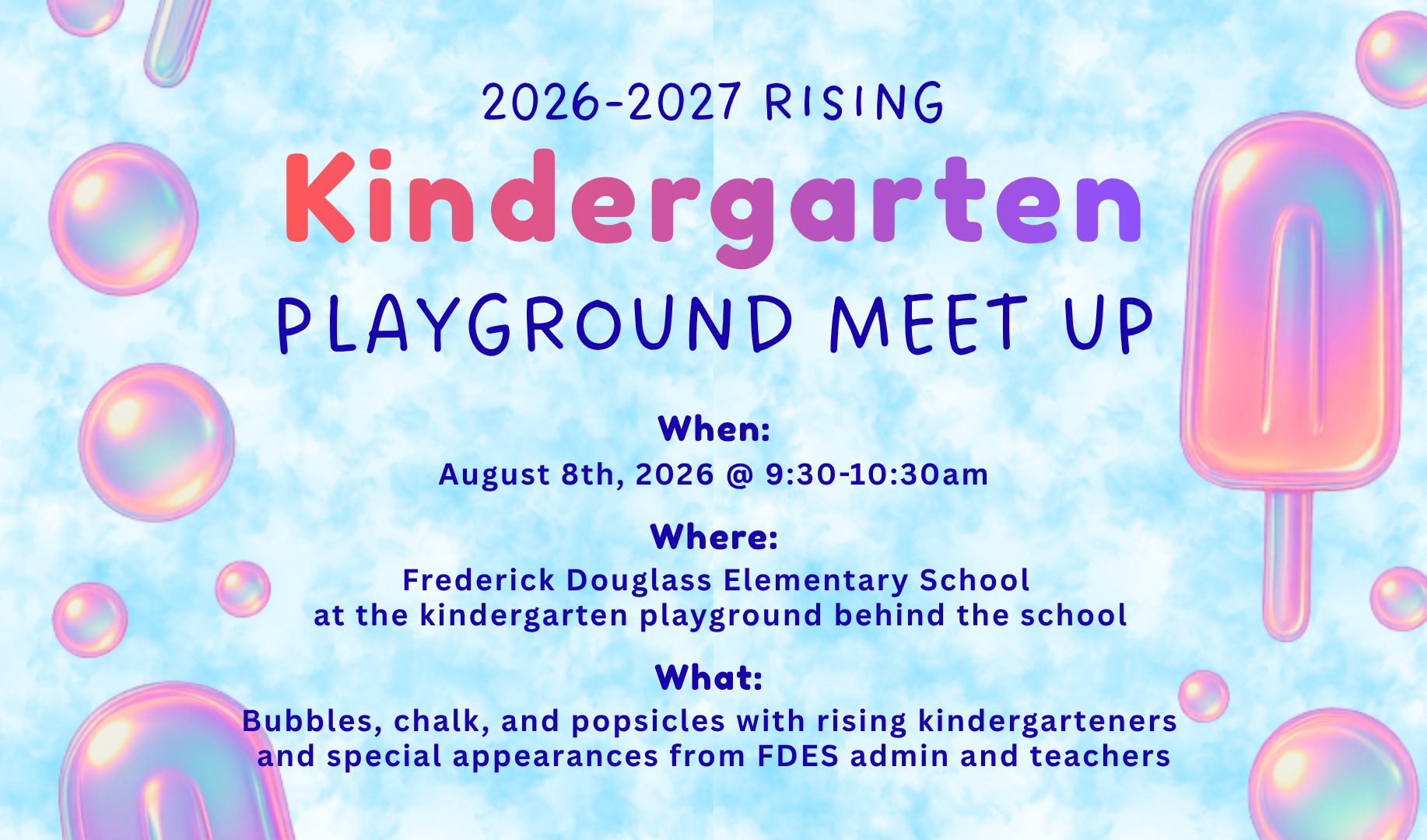 A colorful poster announces a kindergarten playground meet-up with a blue background, colorful bubbles, and a pink popsicle.