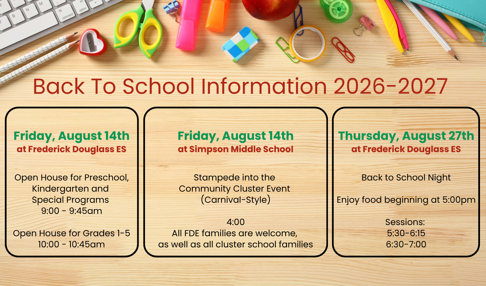 An event flyer for Back To School Information 2026-2027 with three sections. Dates and activities listed.