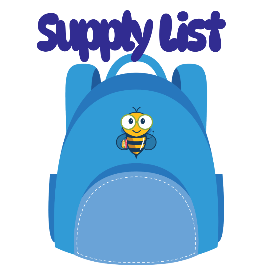 Blue backpack with a bee on its front pocket. Words "Supply List" written above the backpack.